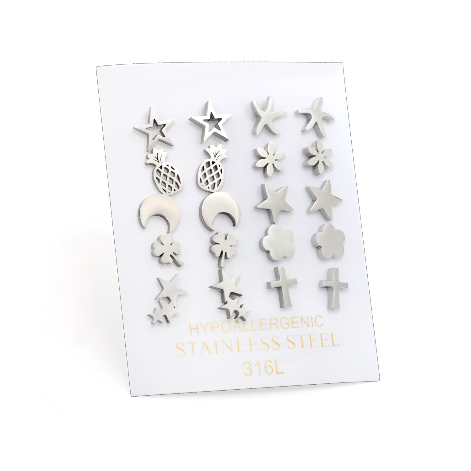 10 Pairs Mixed Cut Glossy Stud Earrings Steel Color asonjewelry